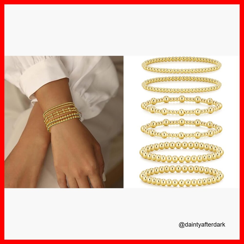 14k Gold Plated Stackable Bead Ball Bracelet Set … - image 7